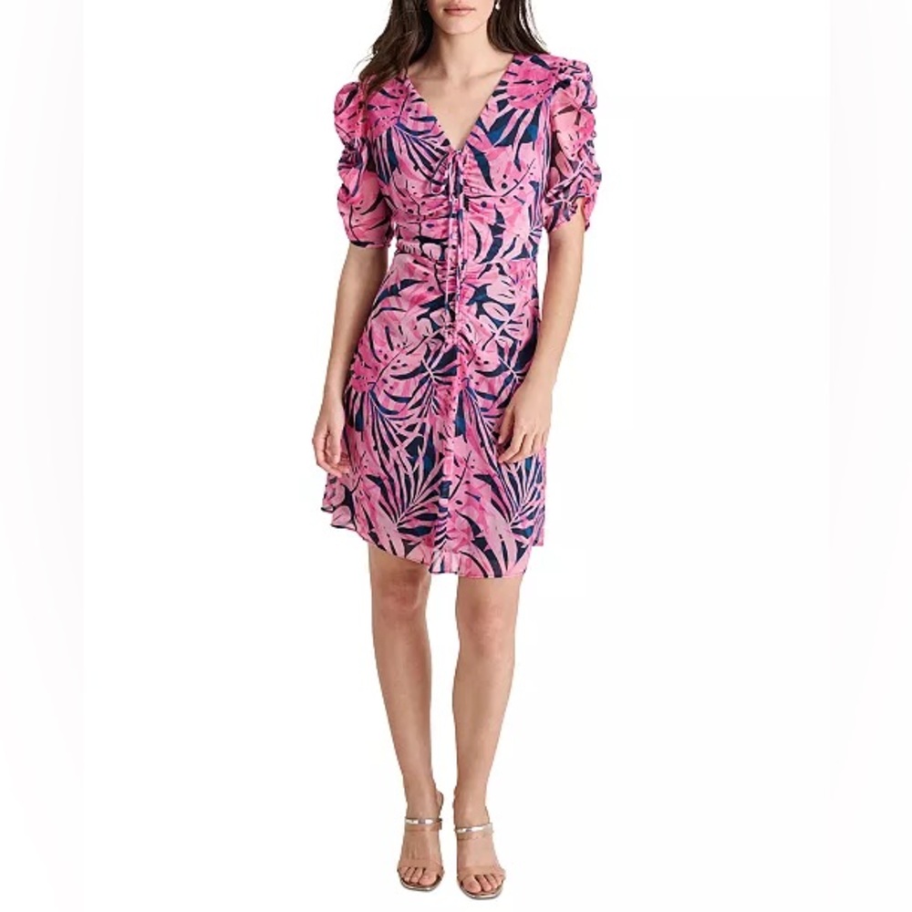 DKNY Women's Short-Sleeve Ruched V-Neck Chiffon Dress Size 10 Pink Knee Length
